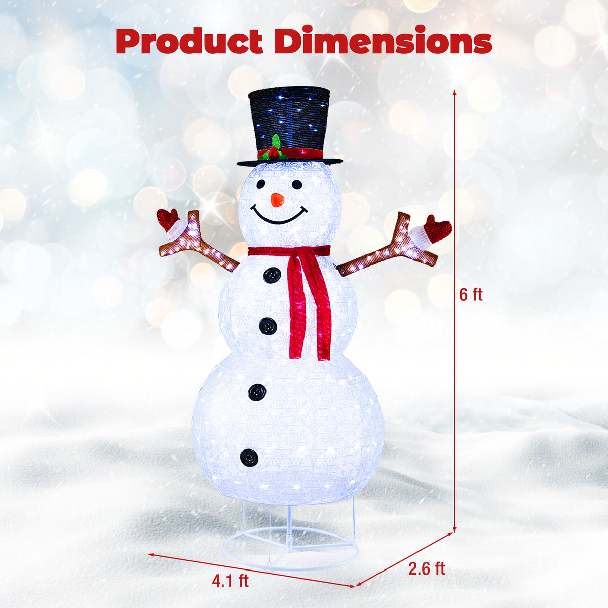 Pre-Lit Christmas Snowman with Built-In LED Lights and Black Hat - Festive Holiday Decor