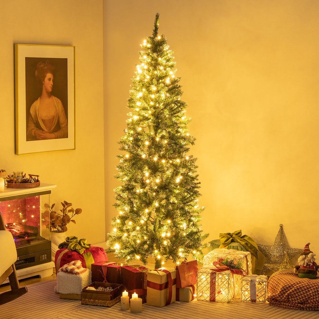 6 Feet Pre-Lit Artificial Christmas Tree with Snowy Tips & LED Lights - Costway Variation