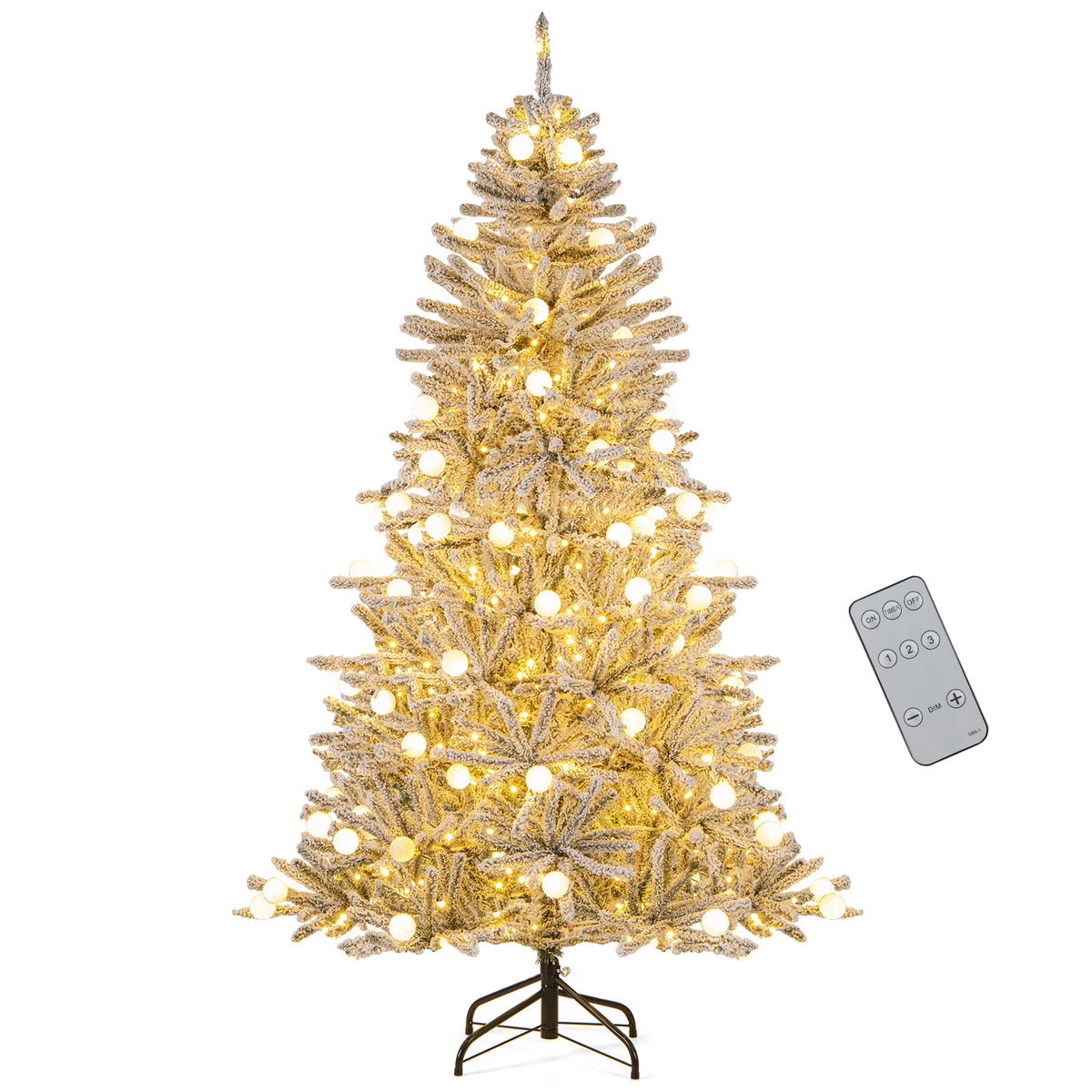 Costway 6/7/8 Feet Snow-Flocked Artificial Christmas Tree Pre-Lit with 81 Sphere Lights & Remote - Hinged Branches