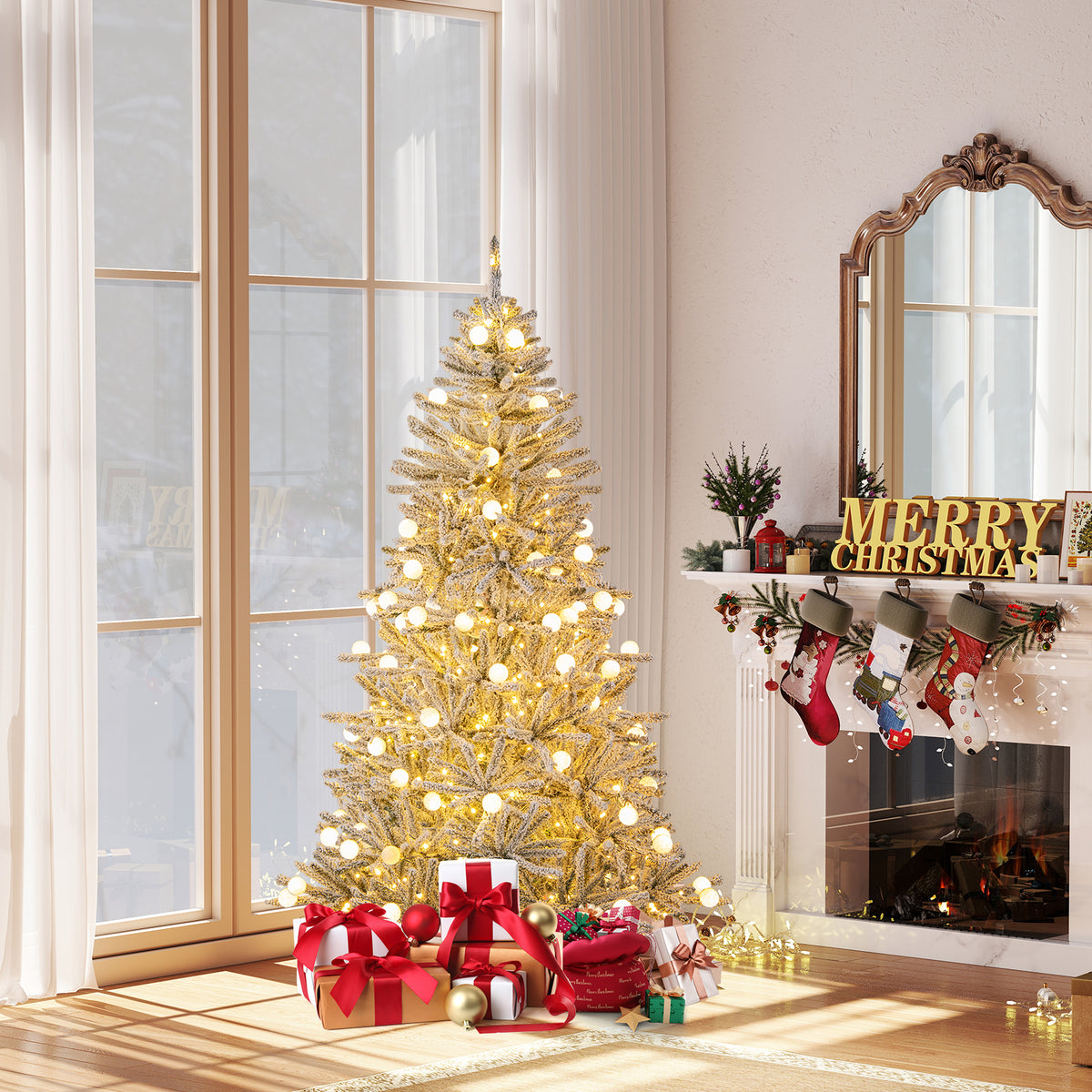 Costway 6/7/8 Feet Snow-Flocked Artificial Christmas Tree Pre-Lit with 81 Sphere Lights & Remote - Hinged Branches