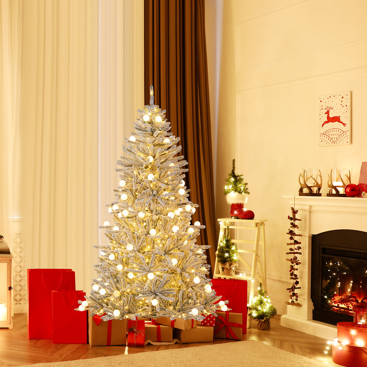 Costway 6/7/8 Feet Snow-Flocked Artificial Christmas Tree Pre-Lit with 81 Sphere Lights & Remote - Hinged Branches