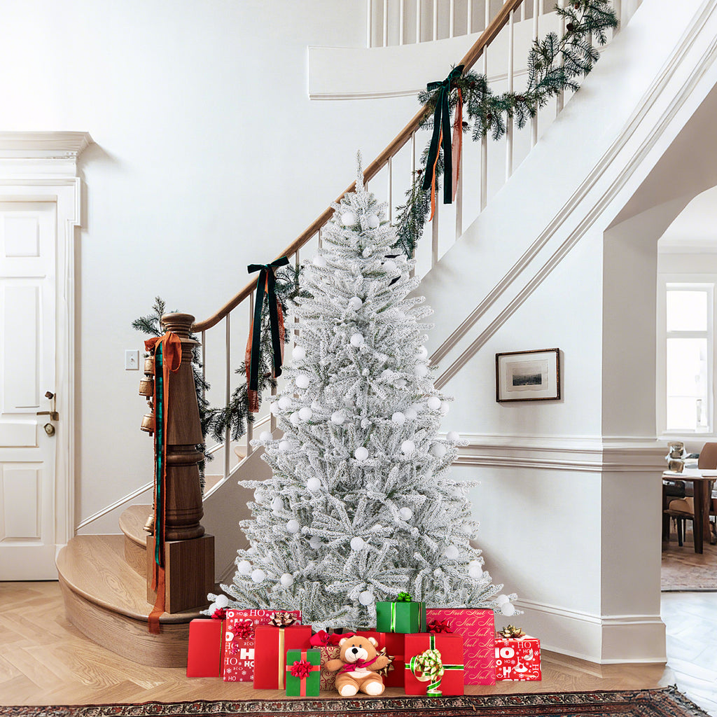 Costway 6/7/8 Feet Snow-Flocked Artificial Christmas Tree Pre-Lit with 81 Sphere Lights & Remote - Hinged Branches