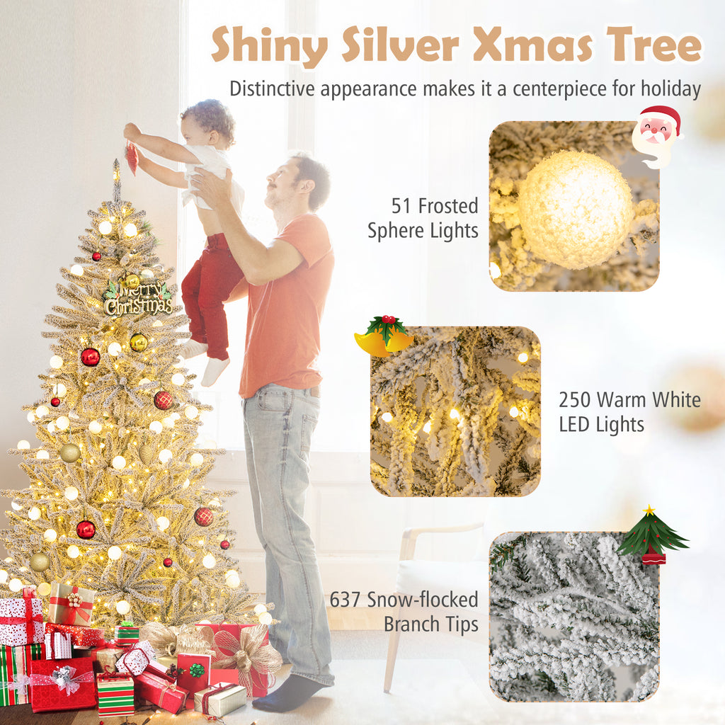 Costway 6/7/8 Feet Snow-Flocked Artificial Christmas Tree Pre-Lit with 81 Sphere Lights & Remote - Hinged Branches