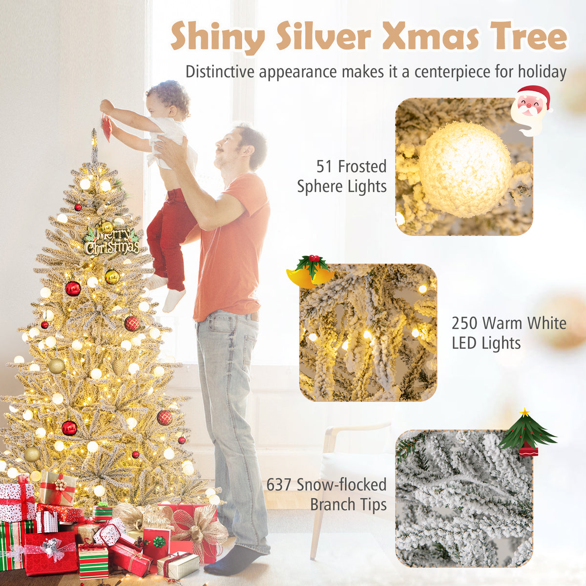 Costway 6/7/8 Feet Snow-Flocked Artificial Christmas Tree Pre-Lit with 81 Sphere Lights & Remote - Hinged Branches