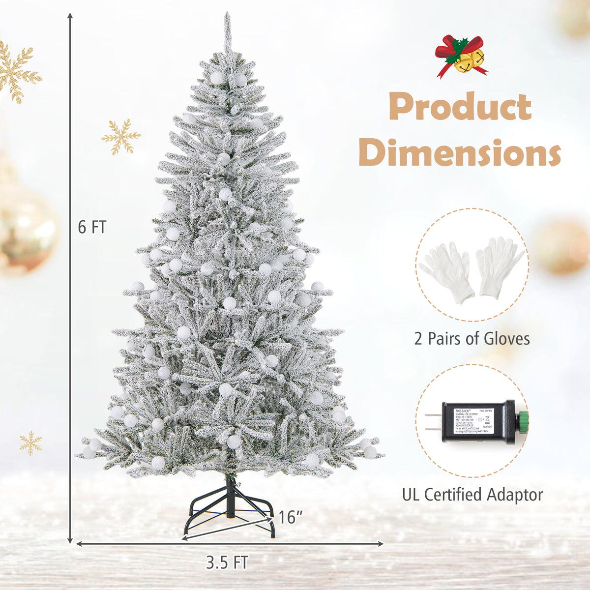 Costway 6/7/8 Feet Snow-Flocked Artificial Christmas Tree Pre-Lit with 81 Sphere Lights & Remote - Hinged Branches