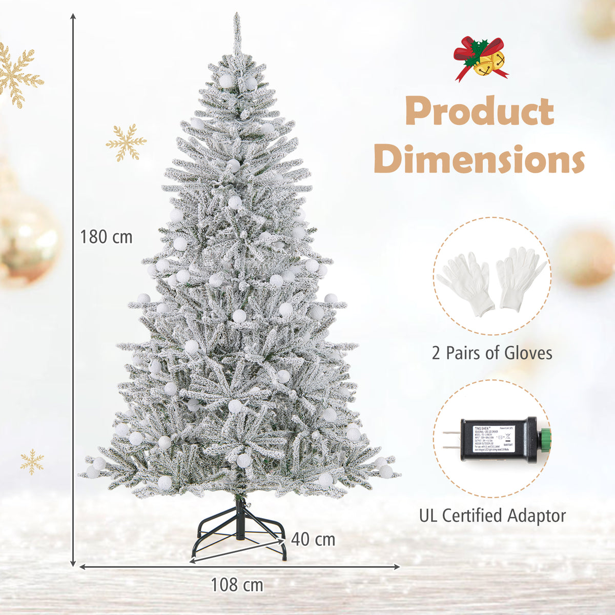 Costway 6/7/8 Feet Snow-Flocked Artificial Christmas Tree Pre-Lit with 81 Sphere Lights & Remote - Hinged Branches