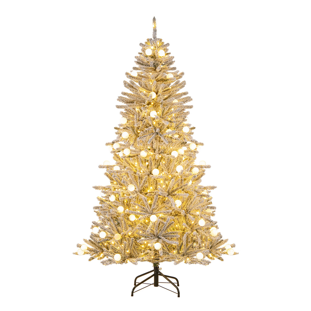 Costway 6/7/8 Feet Snow-Flocked Artificial Christmas Tree Pre-Lit with 81 Sphere Lights & Remote - Hinged Branches