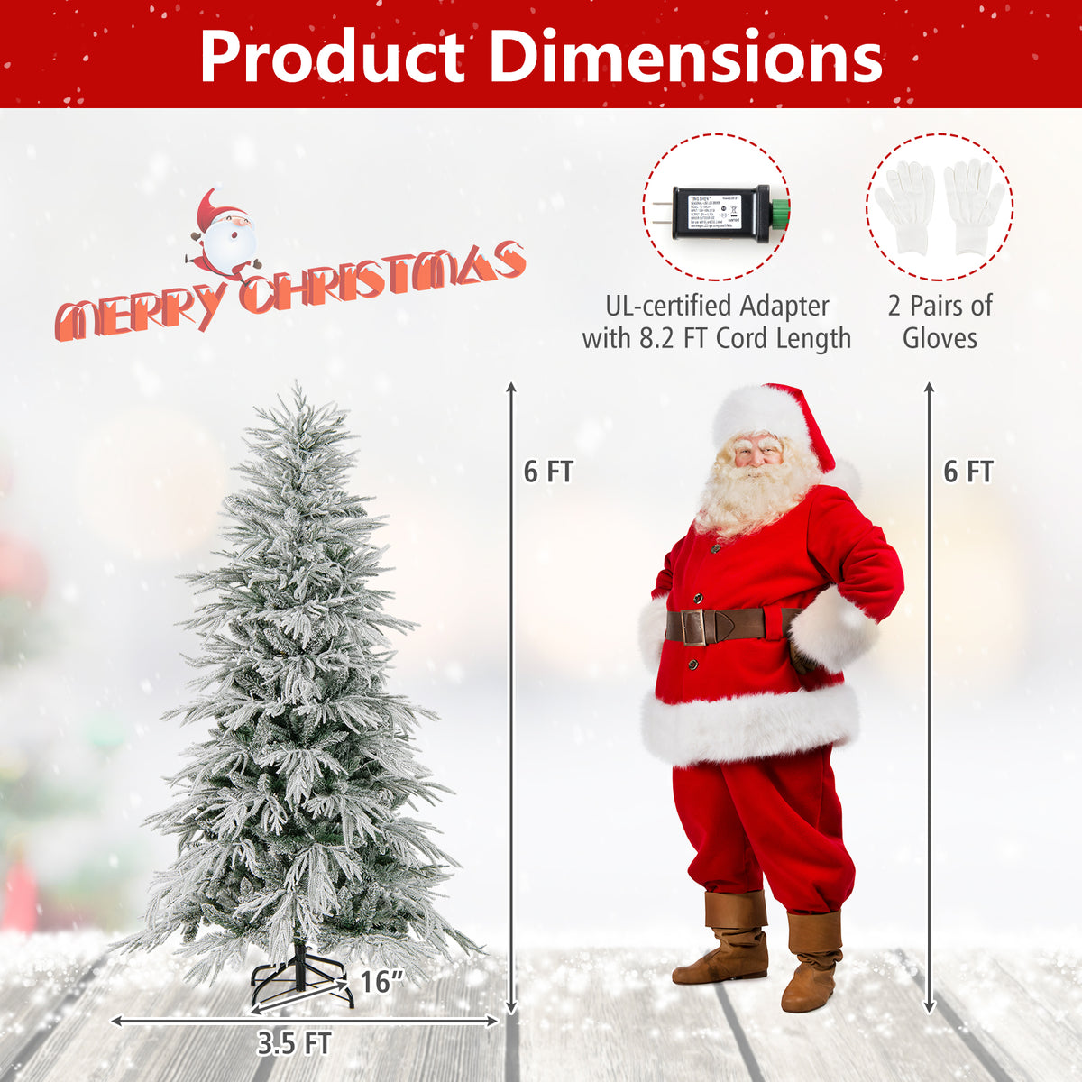 6 ft Snow-Flocked Artificial Christmas Tree Pre-Lit with Warm White LED Lights - Hinged Branches