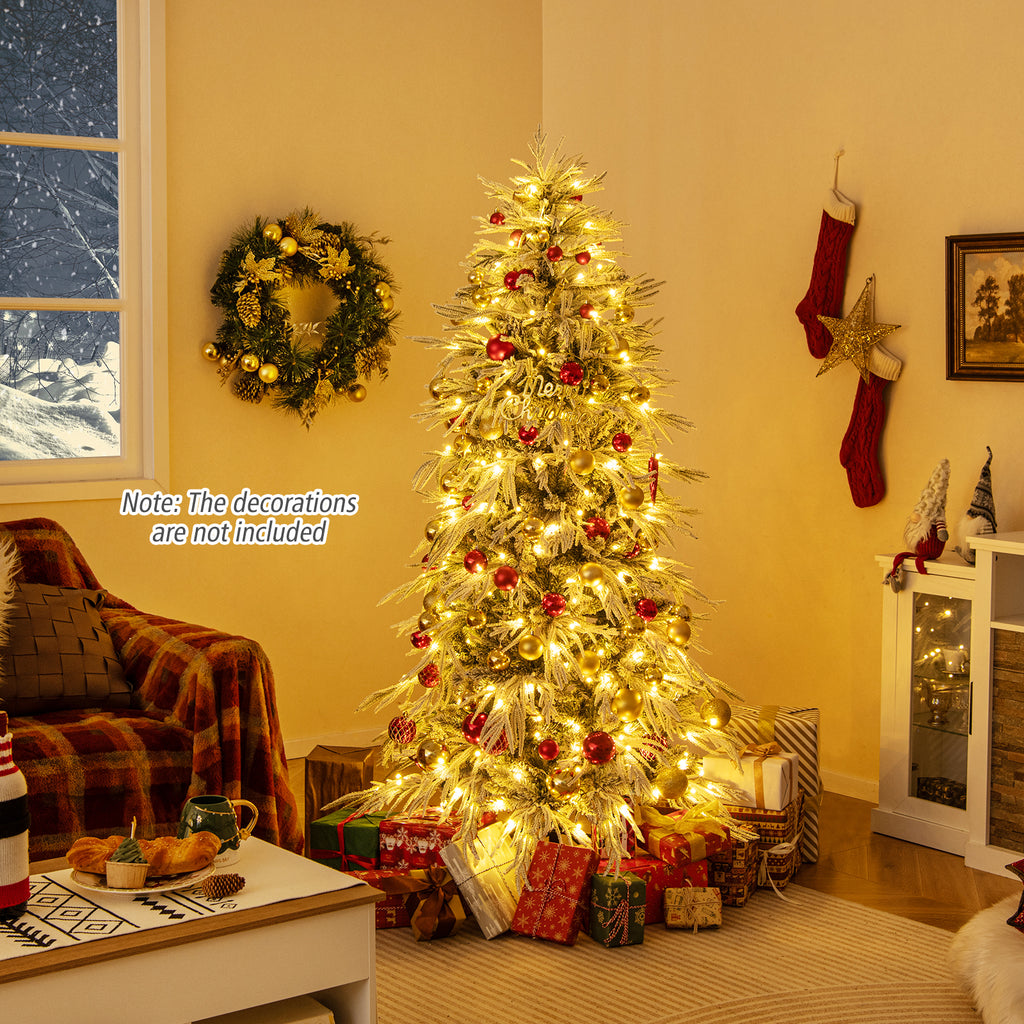 6 ft Snow-Flocked Artificial Christmas Tree Pre-Lit with Warm White LED Lights - Hinged Branches