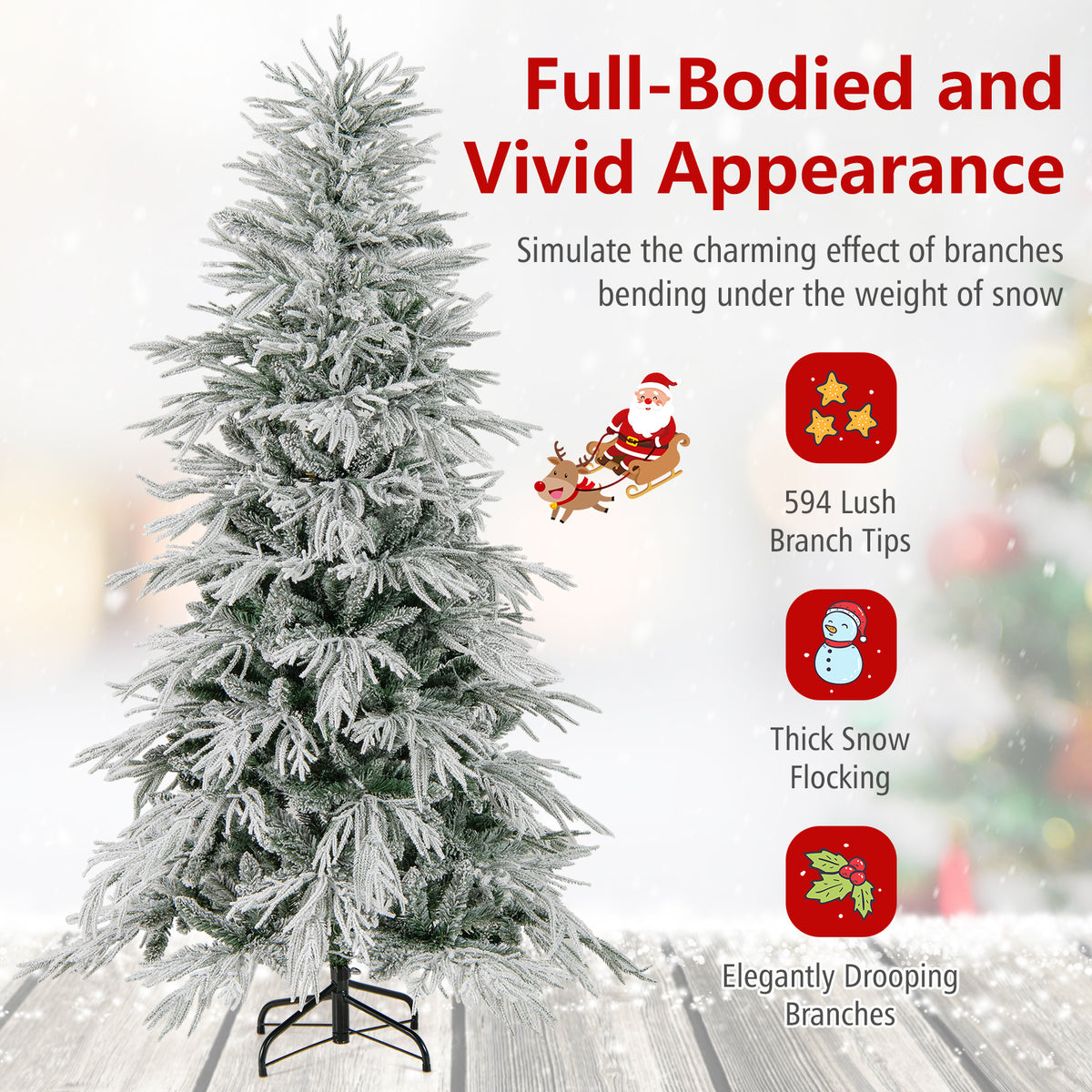 6 ft Snow-Flocked Artificial Christmas Tree Pre-Lit with Warm White LED Lights - Hinged Branches