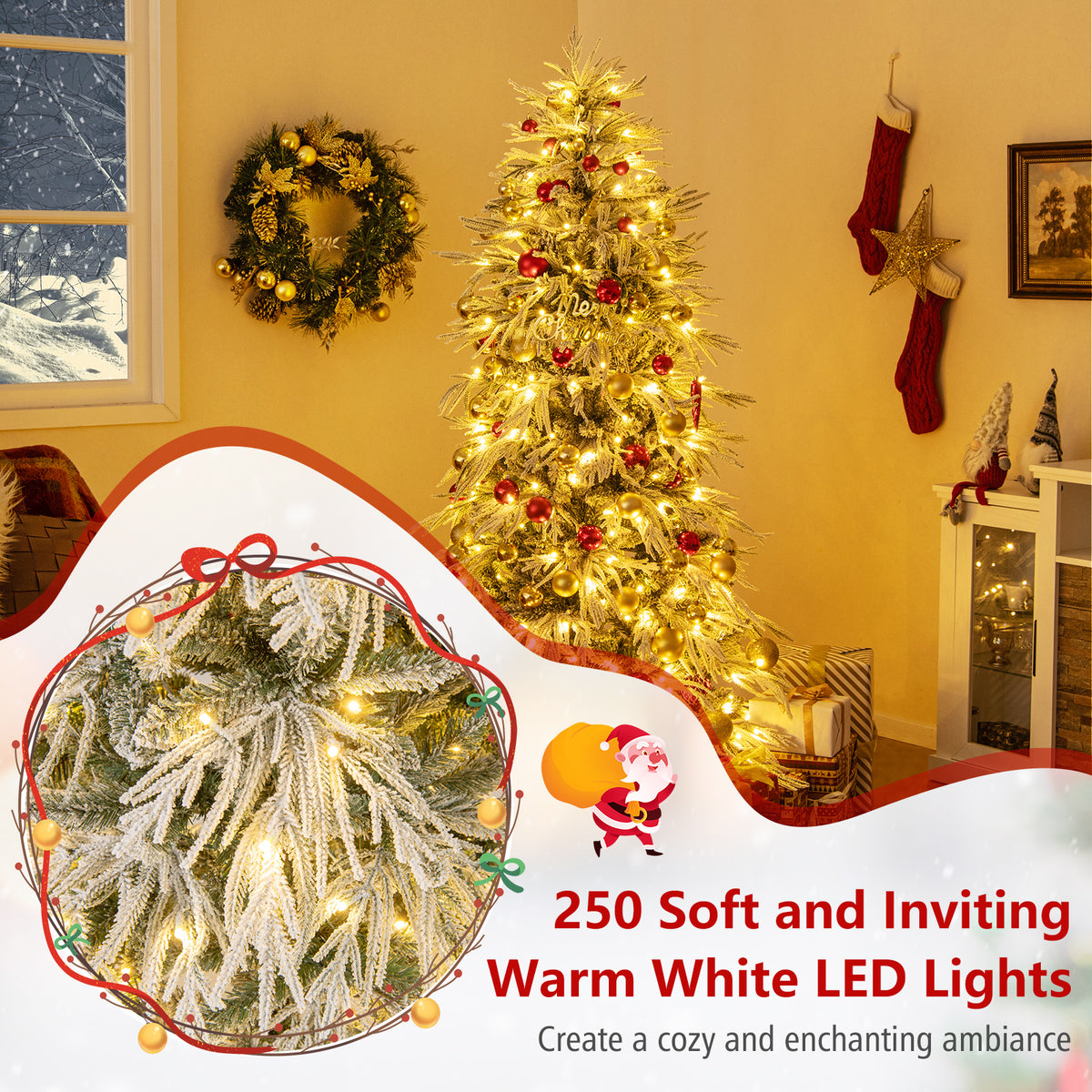 6 ft Snow-Flocked Artificial Christmas Tree Pre-Lit with Warm White LED Lights - Hinged Branches