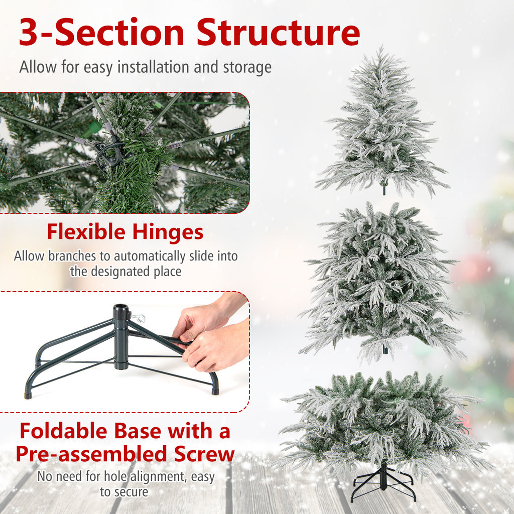 6 ft Snow-Flocked Artificial Christmas Tree Pre-Lit with Warm White LED Lights - Hinged Branches