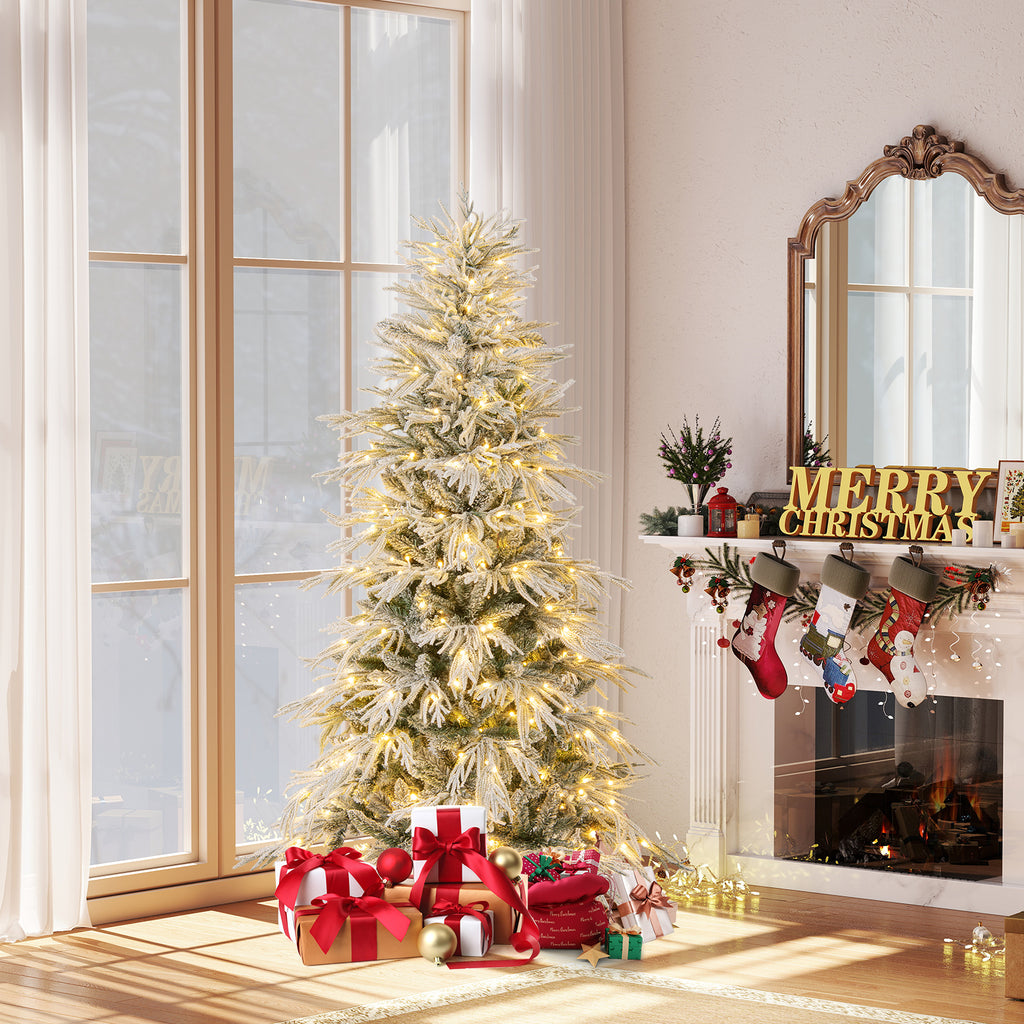 6 ft Snow-Flocked Artificial Christmas Tree Pre-Lit with Warm White LED Lights - Hinged Branches