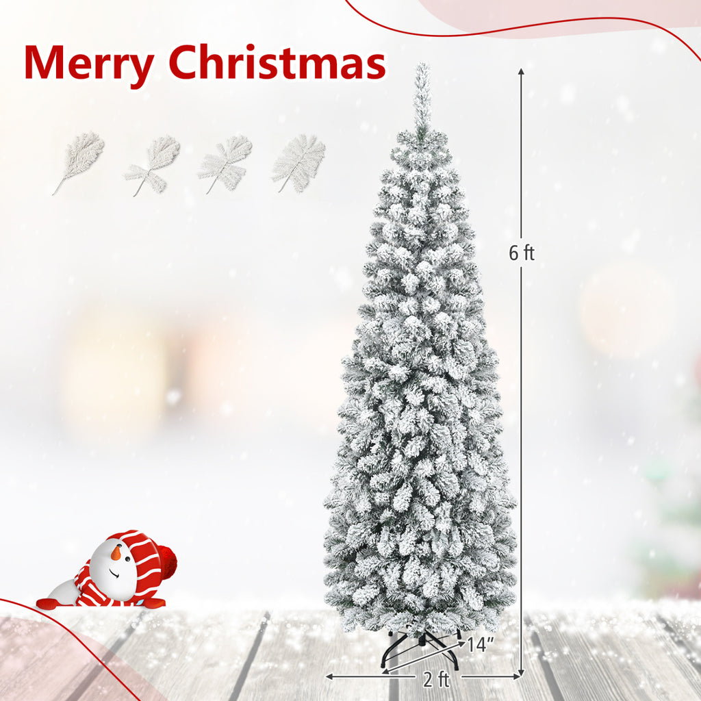 6 Feet Unlit Hinged Snow Flocked Artificial Pencil Christmas Tree with 500 Branch Tips - Space-Saving Holiday Decor