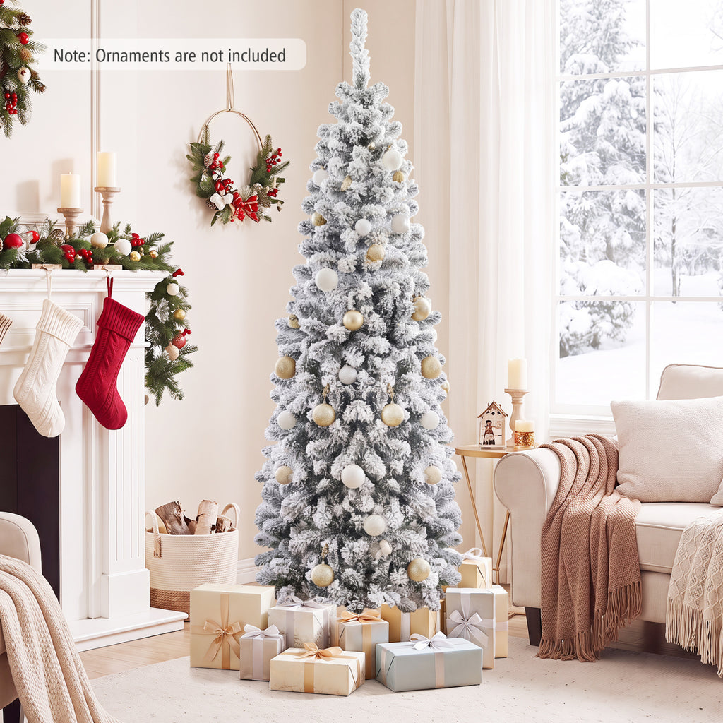 6 Feet Unlit Hinged Snow Flocked Artificial Pencil Christmas Tree with 500 Branch Tips - Space-Saving Holiday Decor