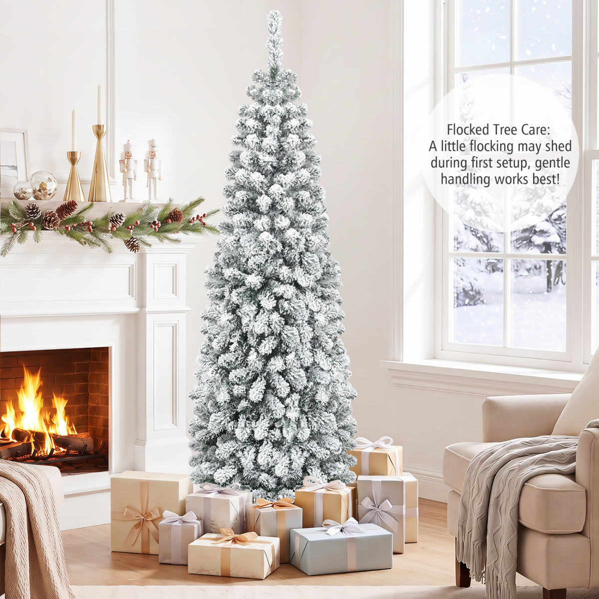 6 Feet Unlit Hinged Snow Flocked Artificial Pencil Christmas Tree with 500 Branch Tips - Space-Saving Holiday Decor
