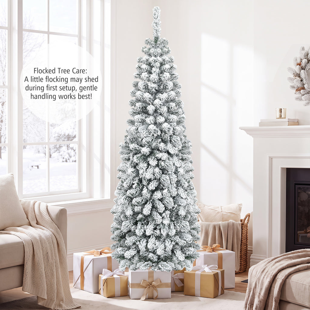 6 Feet Unlit Hinged Snow Flocked Artificial Pencil Christmas Tree with 500 Branch Tips - Space-Saving Holiday Decor