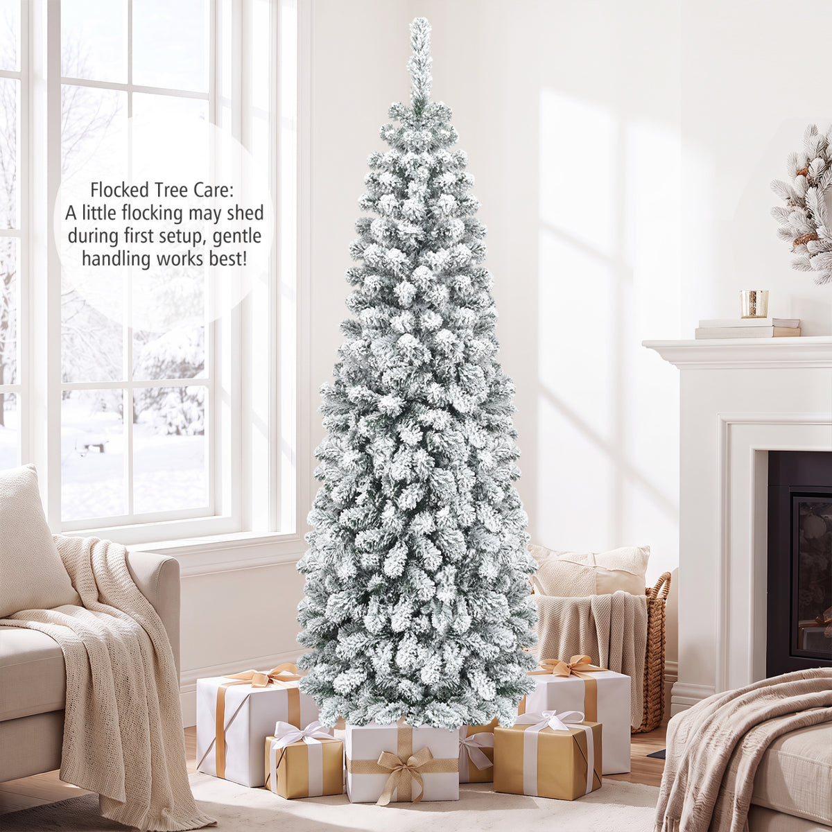 6 Feet Unlit Hinged Snow Flocked Artificial Pencil Christmas Tree with 500 Branch Tips - Space-Saving Holiday Decor