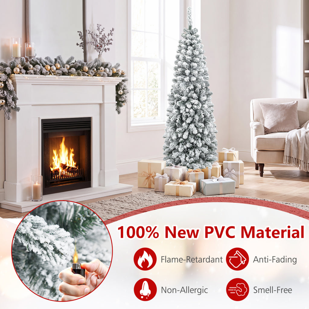 6 Feet Unlit Hinged Snow Flocked Artificial Pencil Christmas Tree with 500 Branch Tips - Space-Saving Holiday Decor