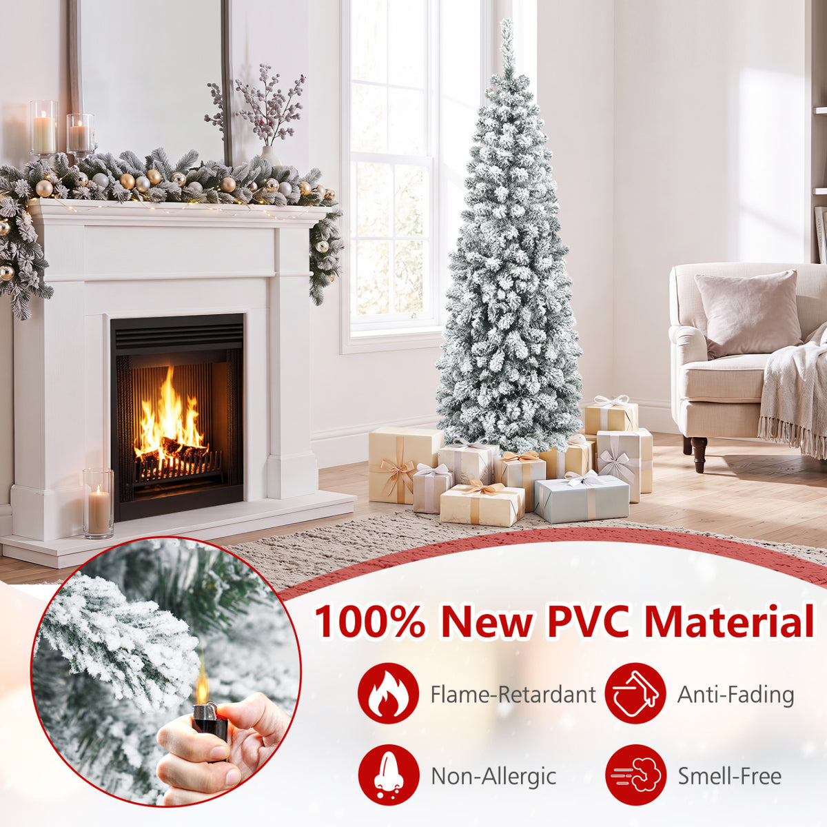 6 Feet Unlit Hinged Snow Flocked Artificial Pencil Christmas Tree with 500 Branch Tips - Space-Saving Holiday Decor