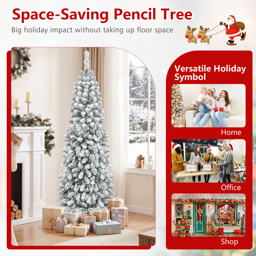 6 Feet Unlit Hinged Snow Flocked Artificial Pencil Christmas Tree with 500 Branch Tips - Space-Saving Holiday Decor