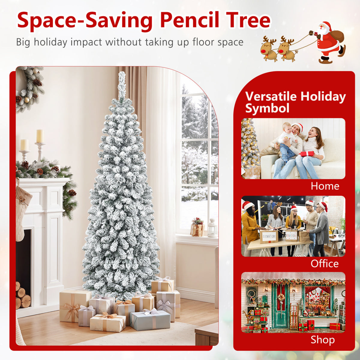 6 Feet Unlit Hinged Snow Flocked Artificial Pencil Christmas Tree with 500 Branch Tips - Space-Saving Holiday Decor