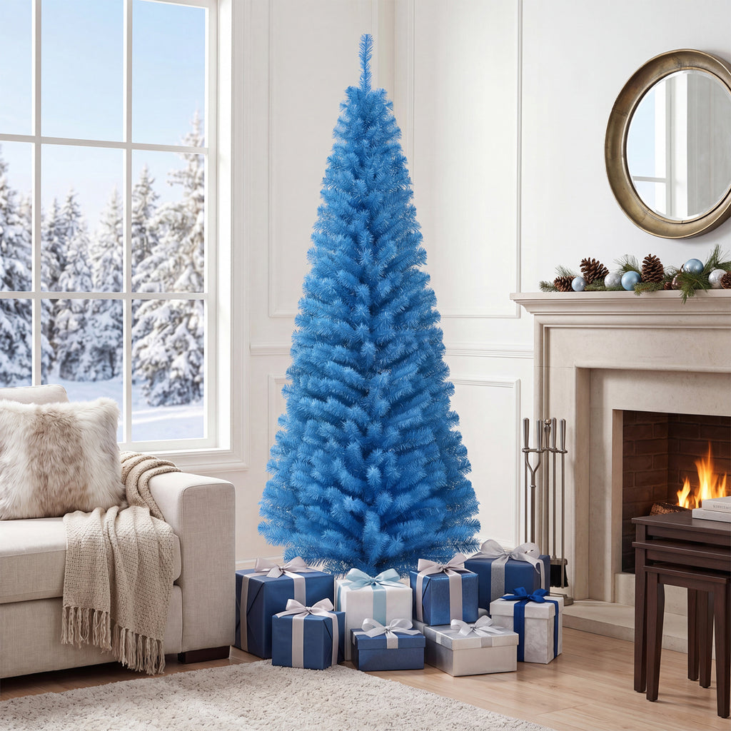 Blue Unlit Artificial Christmas Pencil Tree with Metal Stand - 6 Feet