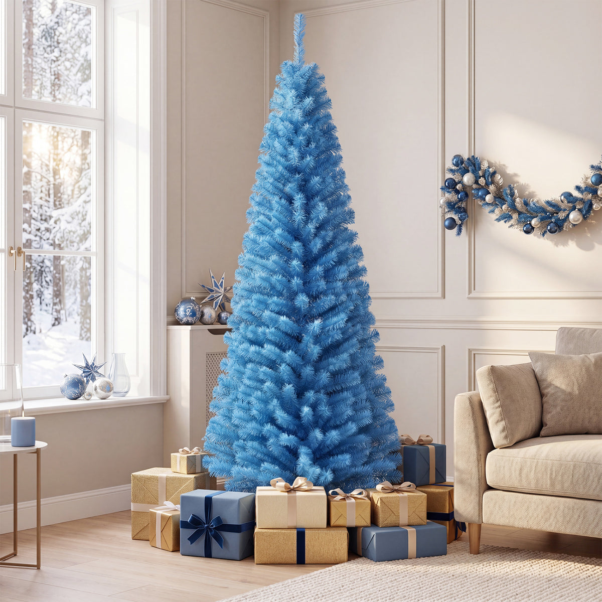 Blue Unlit Artificial Christmas Pencil Tree with Metal Stand - 6 Feet