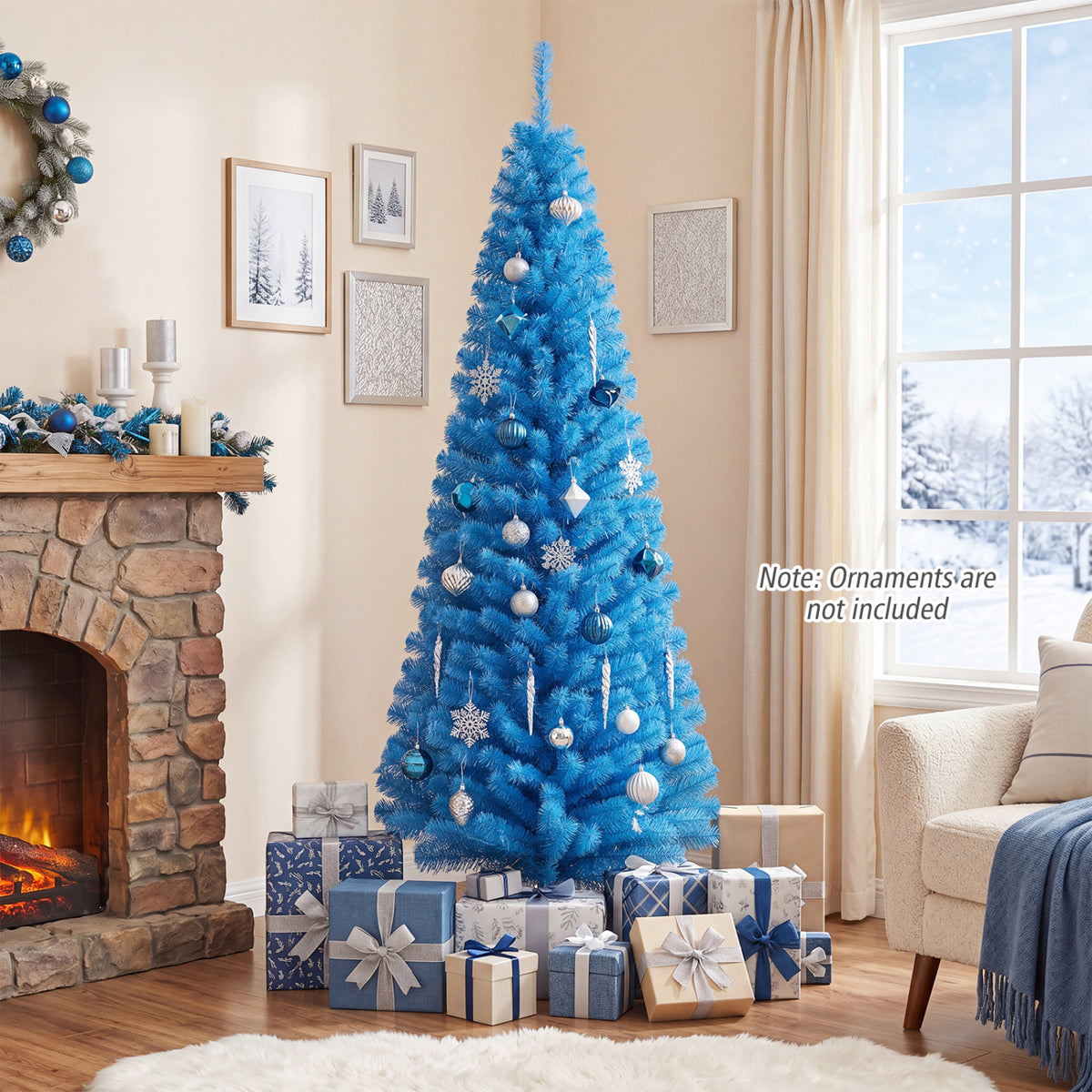 Blue Unlit Artificial Christmas Pencil Tree with Metal Stand - 6 Feet