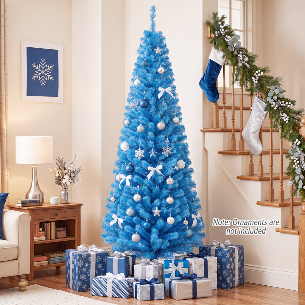 Blue Unlit Artificial Christmas Pencil Tree with Metal Stand - 6 Feet
