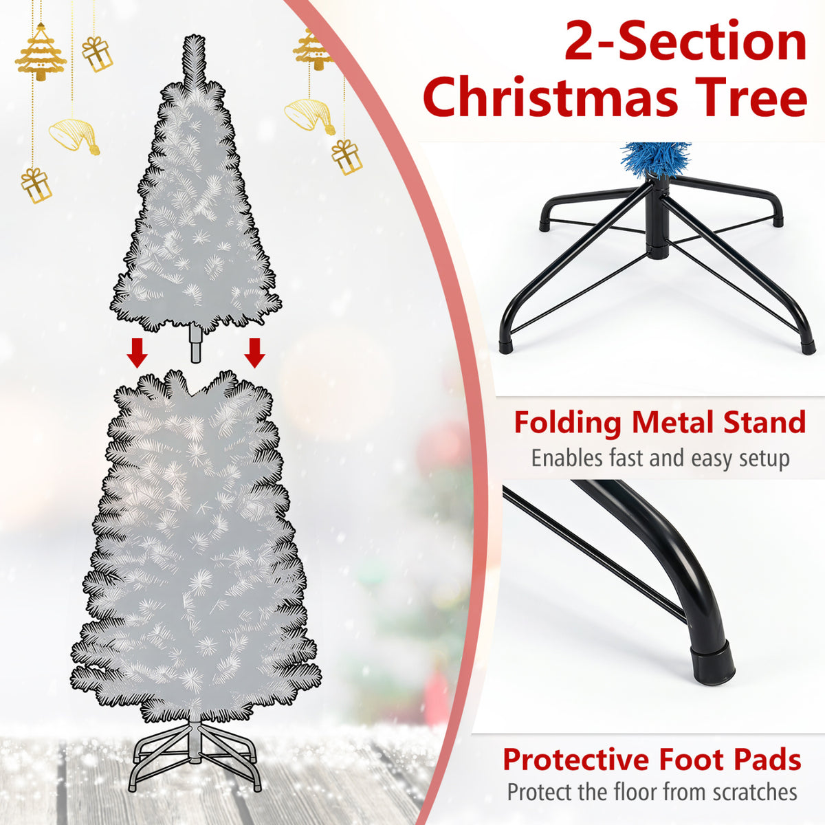 Blue Unlit Artificial Christmas Pencil Tree with Metal Stand - 6 Feet