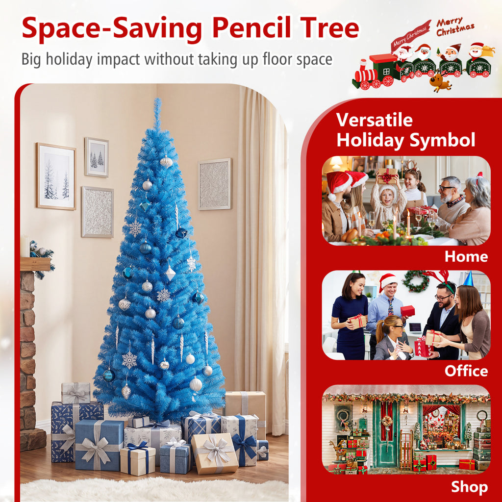 Blue Unlit Artificial Christmas Pencil Tree with Metal Stand - 6 Feet