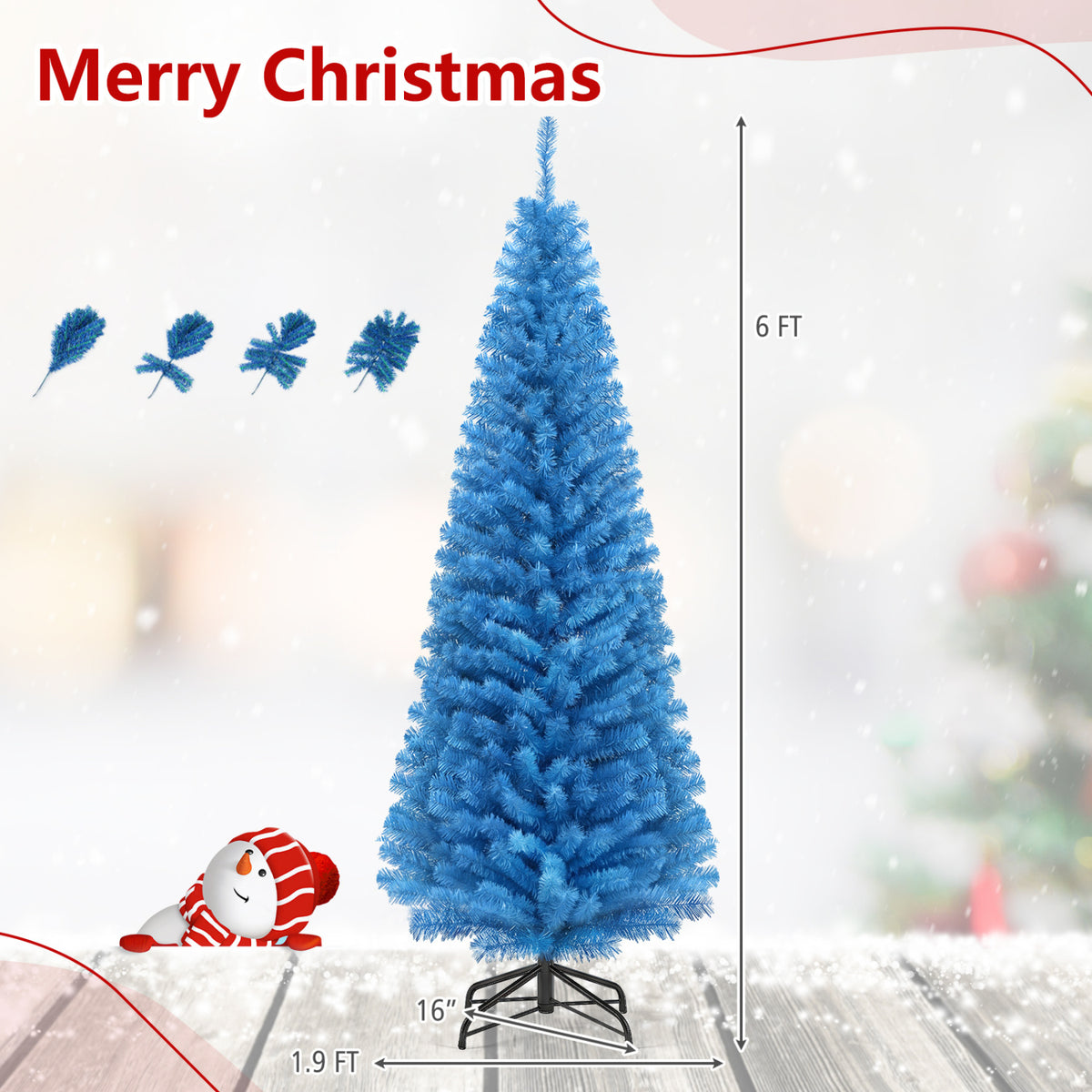 Blue Unlit Artificial Christmas Pencil Tree with Metal Stand - 6 Feet