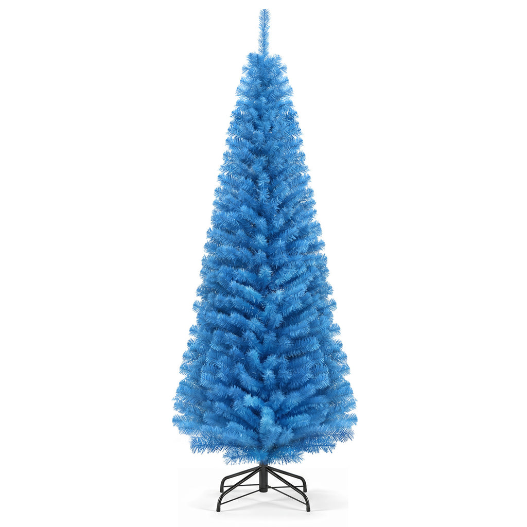Blue Unlit Artificial Christmas Pencil Tree with Metal Stand - 6 Feet