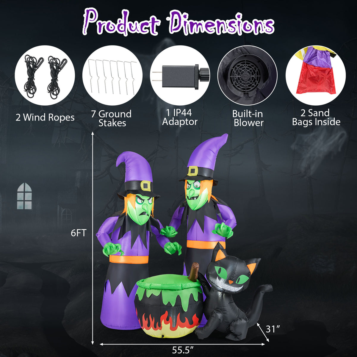 6 Ft Inflatable Halloween Witches with Cauldron & Black Cat - Lighted Yard Decor