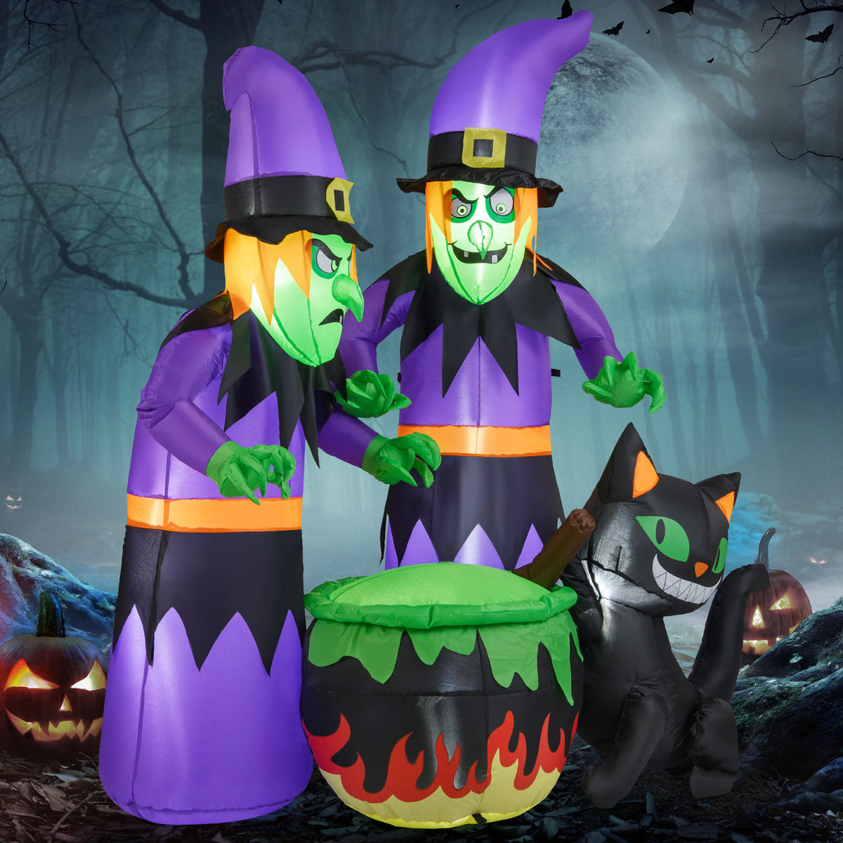 6 Ft Inflatable Halloween Witches with Cauldron & Black Cat - Lighted Yard Decor