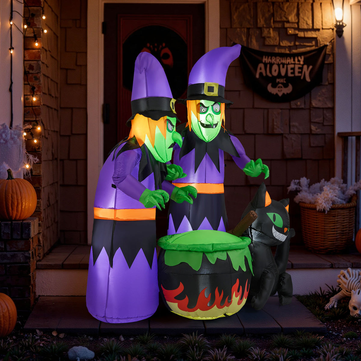 6 Ft Inflatable Halloween Witches with Cauldron & Black Cat - Lighted Yard Decor