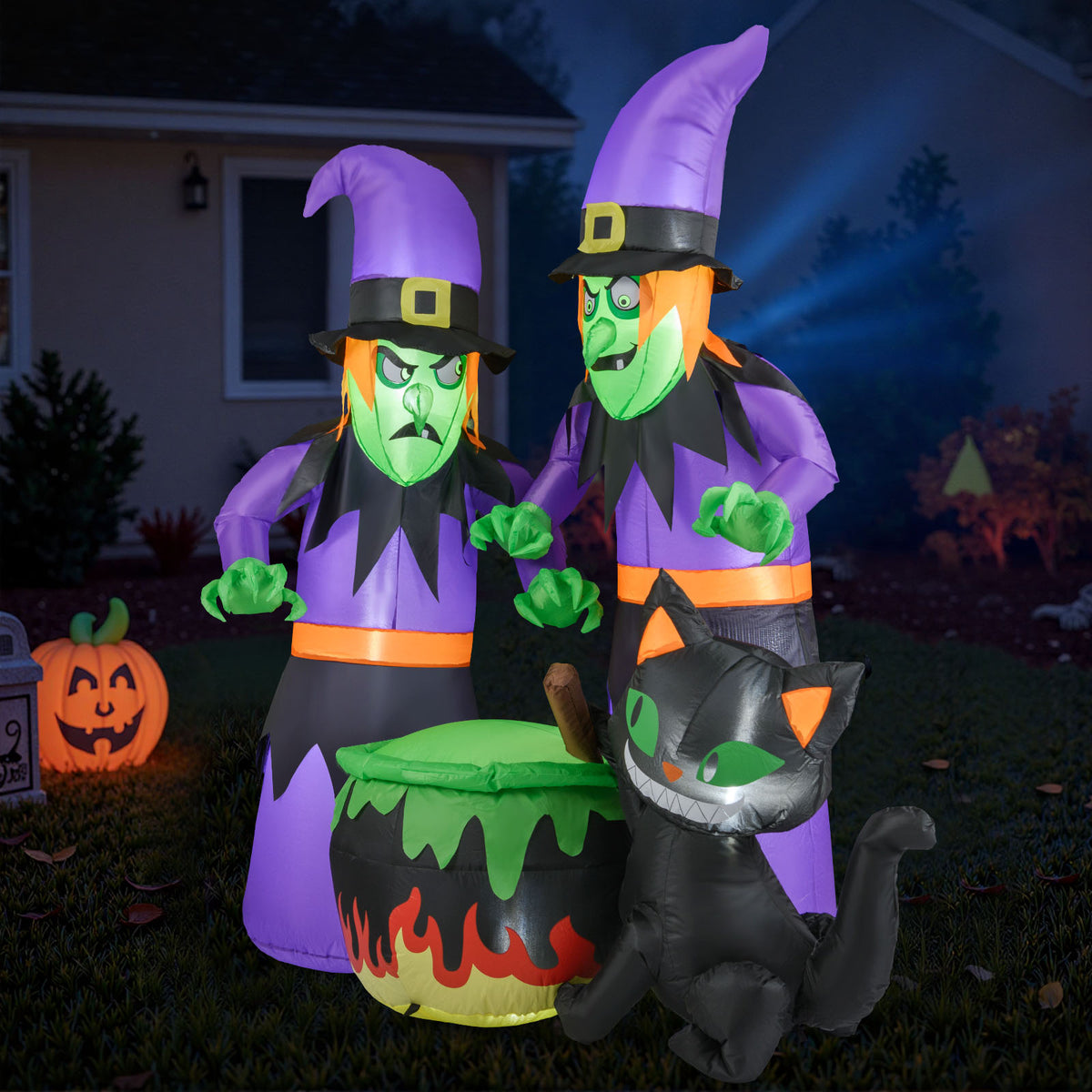 6 Ft Inflatable Halloween Witches with Cauldron & Black Cat - Lighted Yard Decor
