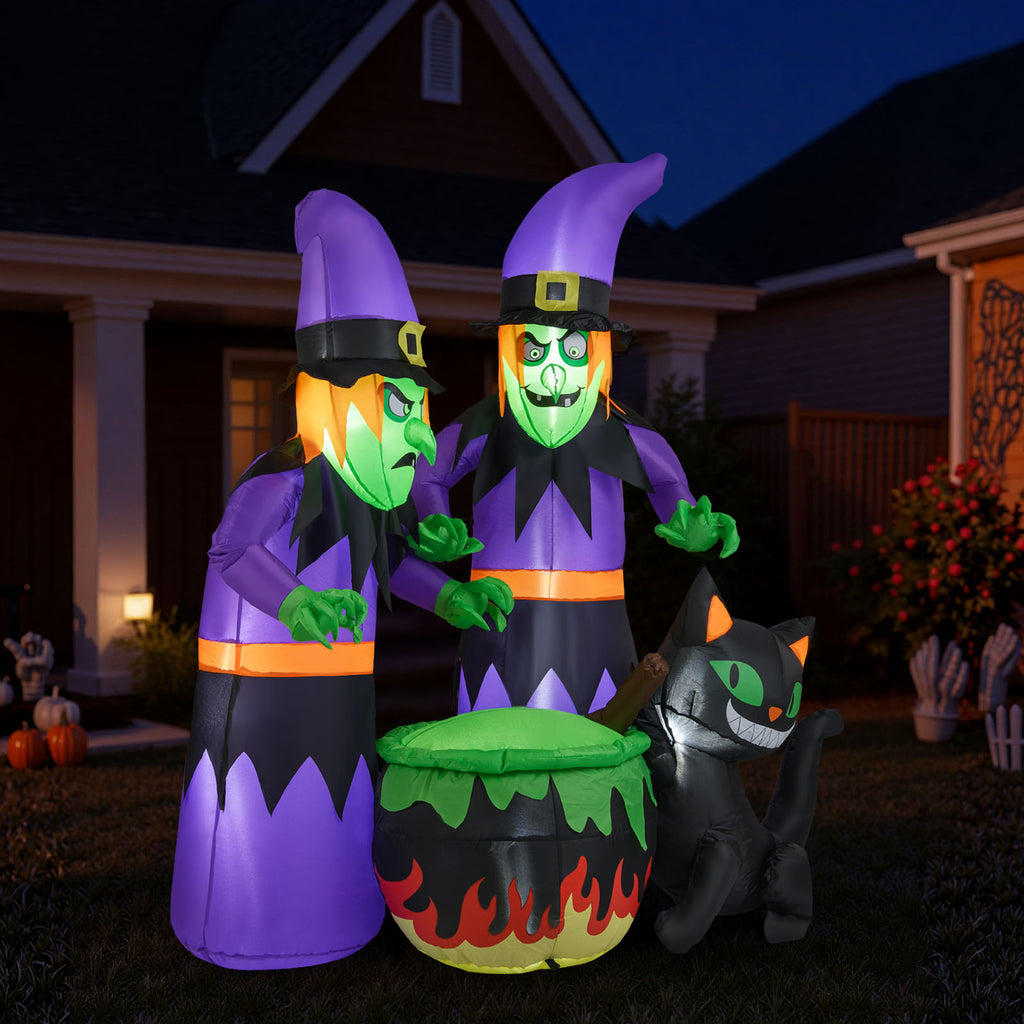 6 Ft Inflatable Halloween Witches with Cauldron & Black Cat - Lighted Yard Decor