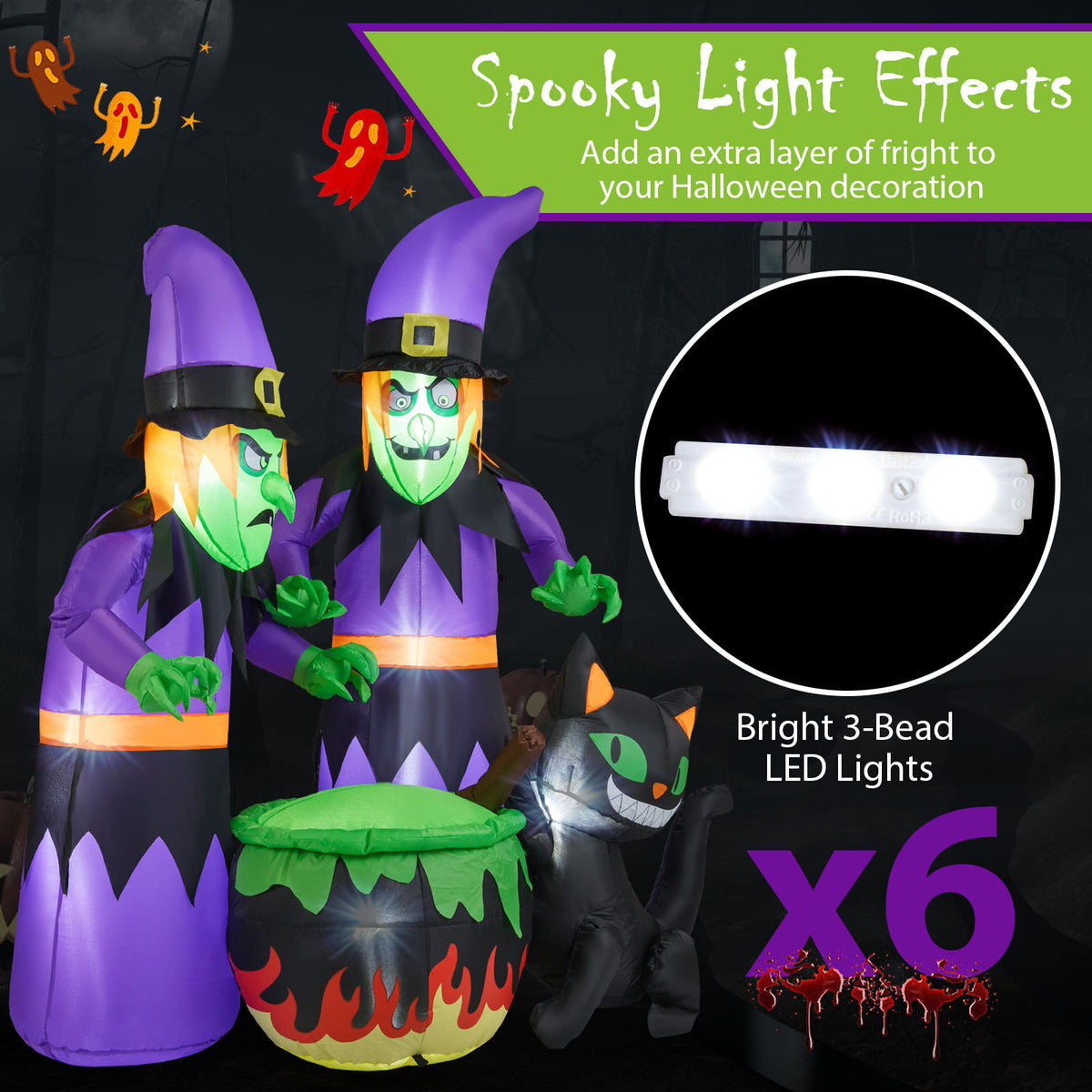 6 Ft Inflatable Halloween Witches with Cauldron & Black Cat - Lighted Yard Decor