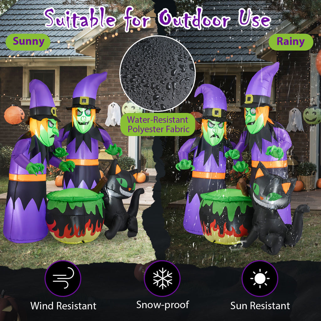 6 Ft Inflatable Halloween Witches with Cauldron & Black Cat - Lighted Yard Decor