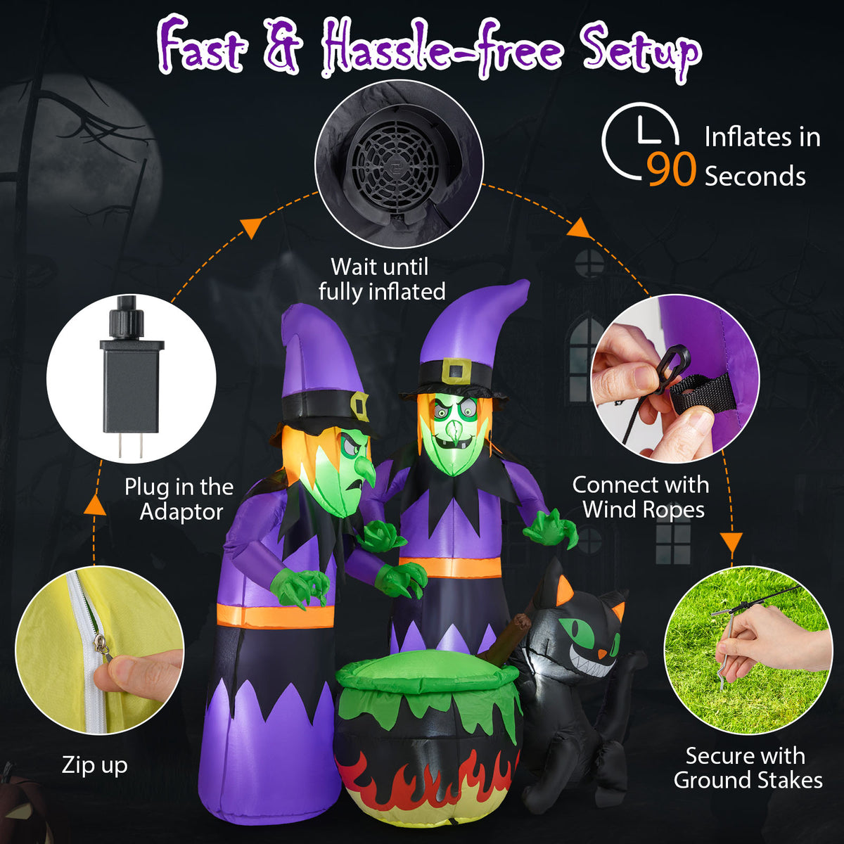6 Ft Inflatable Halloween Witches with Cauldron & Black Cat - Lighted Yard Decor