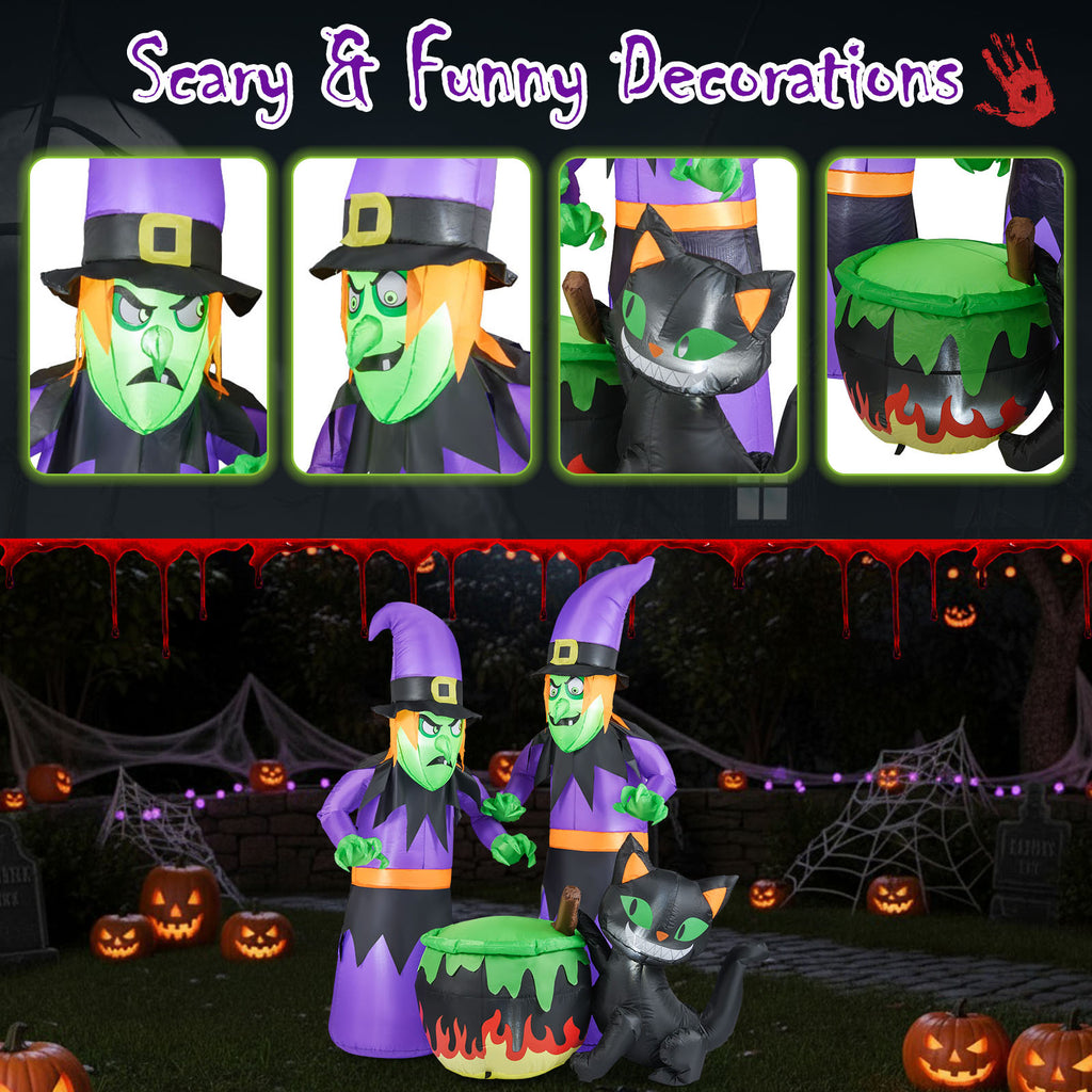 6 Ft Inflatable Halloween Witches with Cauldron & Black Cat - Lighted Yard Decor