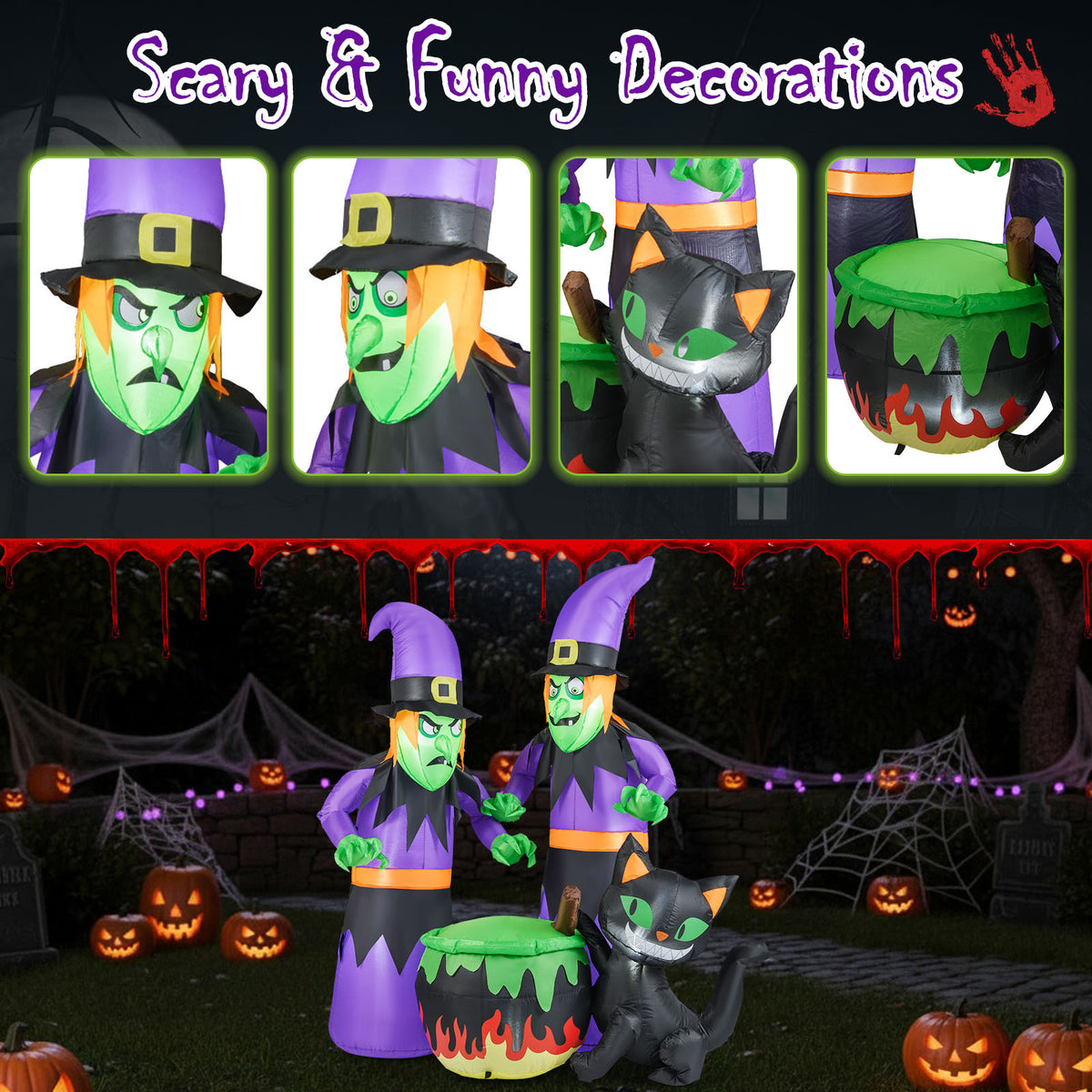 6 Ft Inflatable Halloween Witches with Cauldron & Black Cat - Lighted Yard Decor