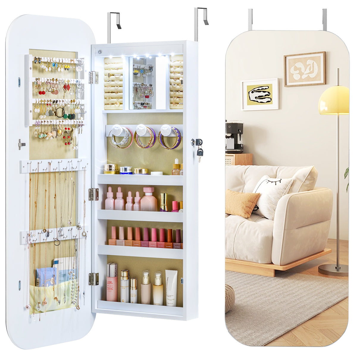 6 LED Mirror Jewelry Cabinet Wall Mount - White
