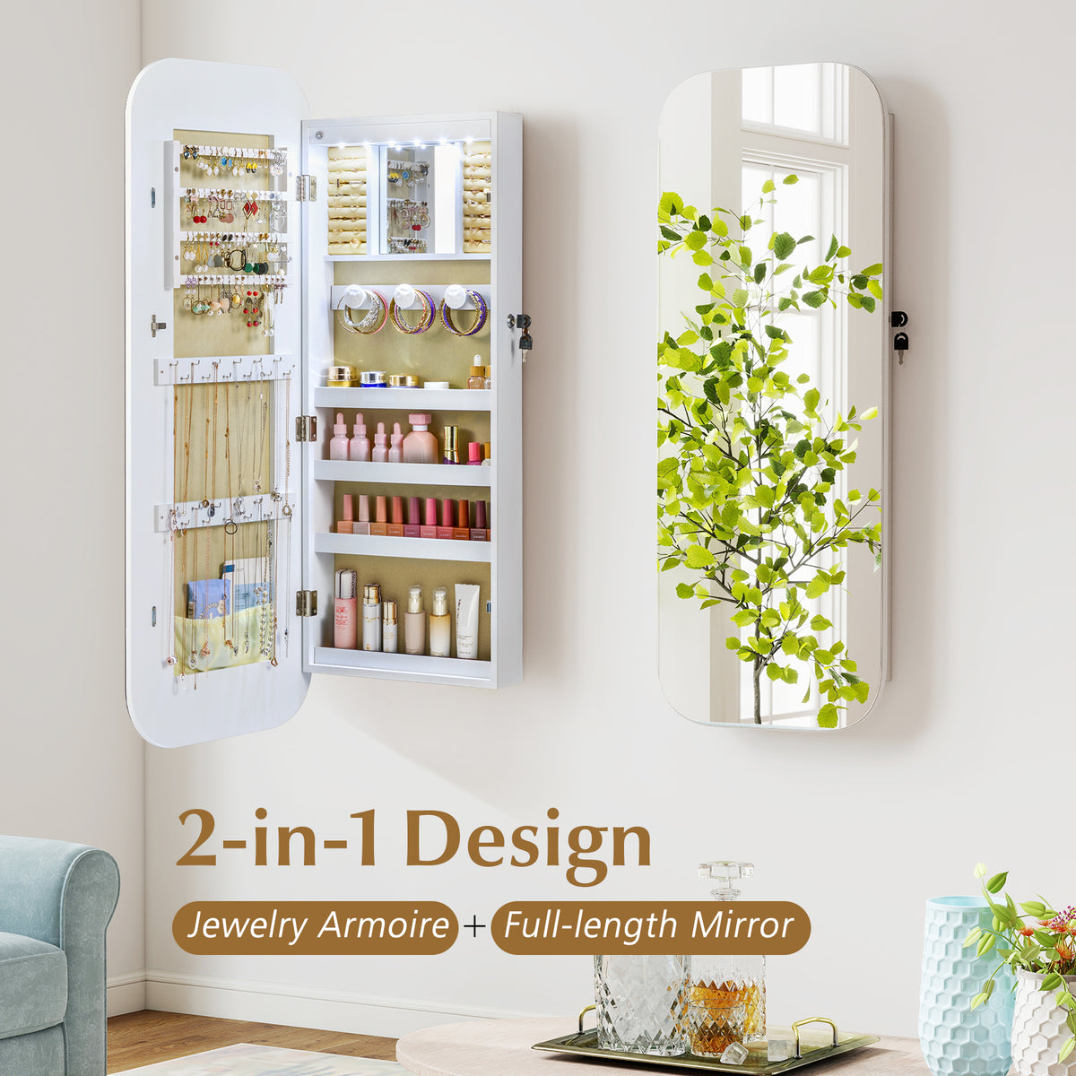 6 LED Mirror Jewelry Cabinet Wall Mount - White