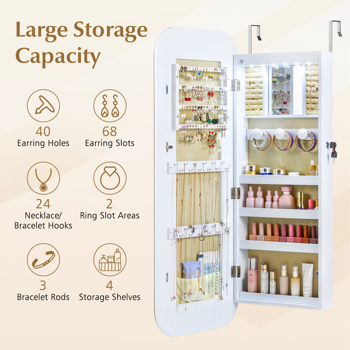 6 LED Mirror Jewelry Cabinet Wall Mount - White