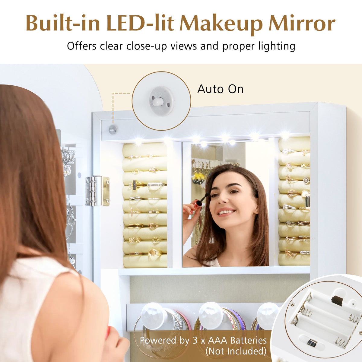 6 LED Mirror Jewelry Cabinet Wall Mount - White