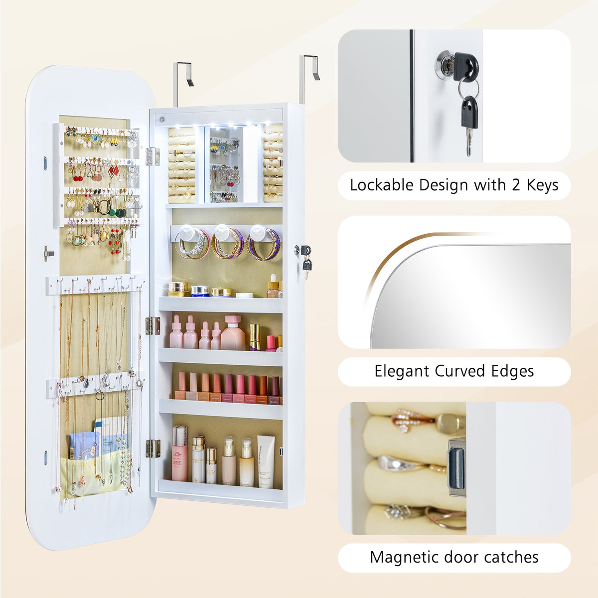 6 LED Mirror Jewelry Cabinet Wall Mount - White