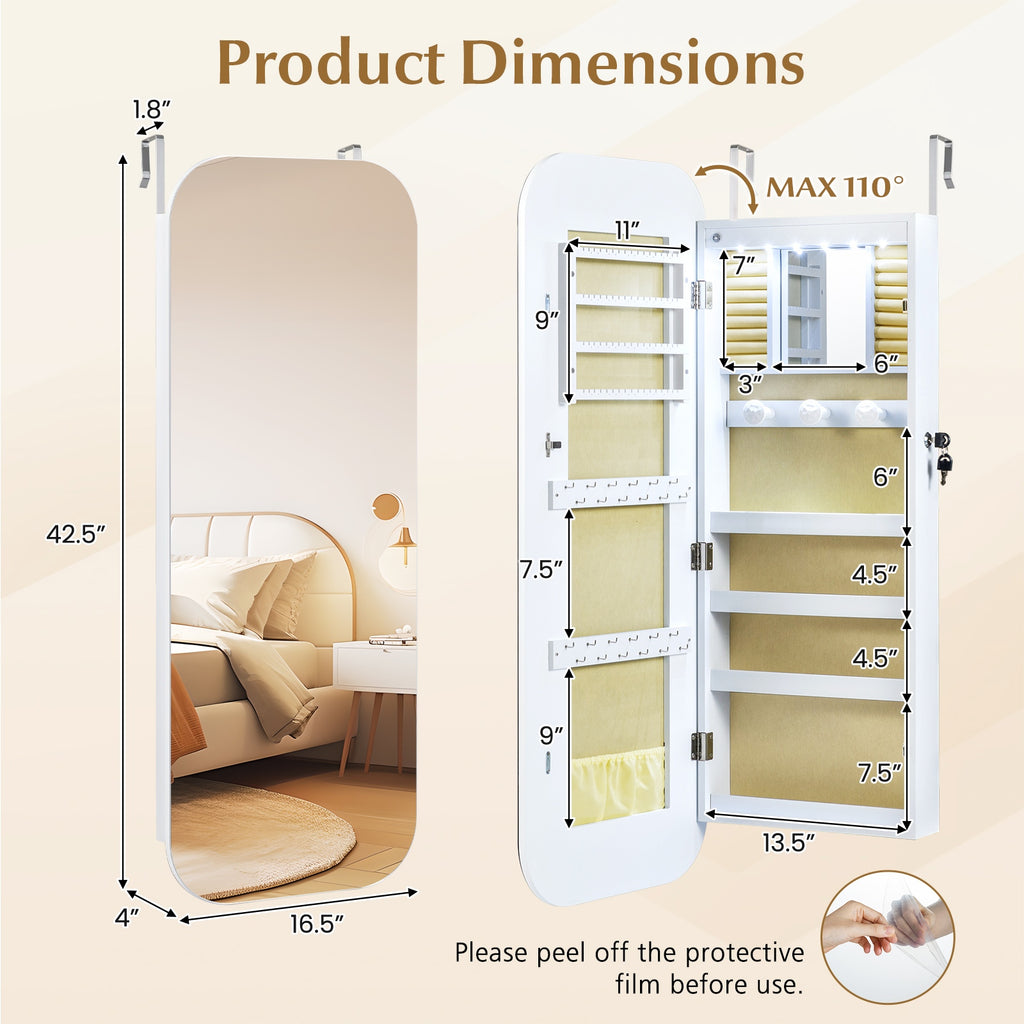 6 LED Mirror Jewelry Cabinet Wall Mount - White